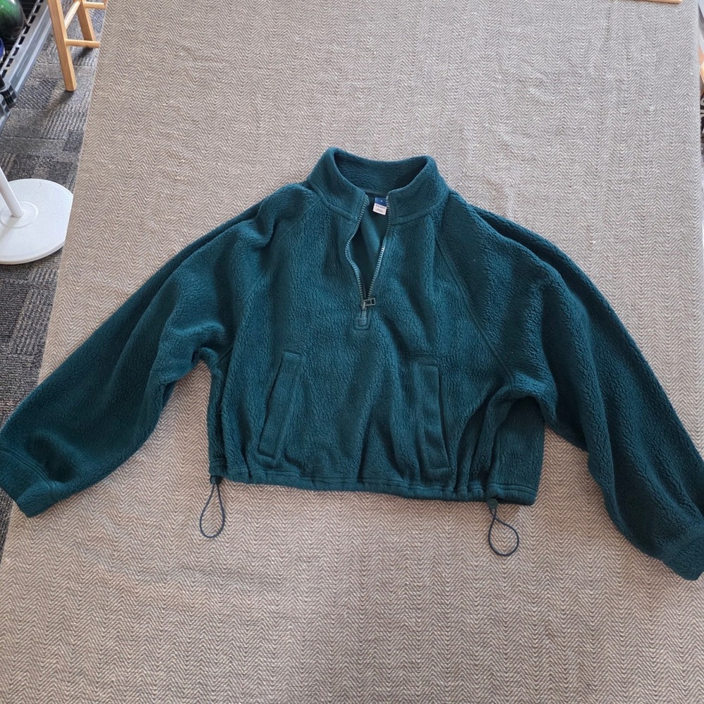 Old Navy Womens Teal Green Sherpa Fleece Quarter Zip Cropped Pullover Small